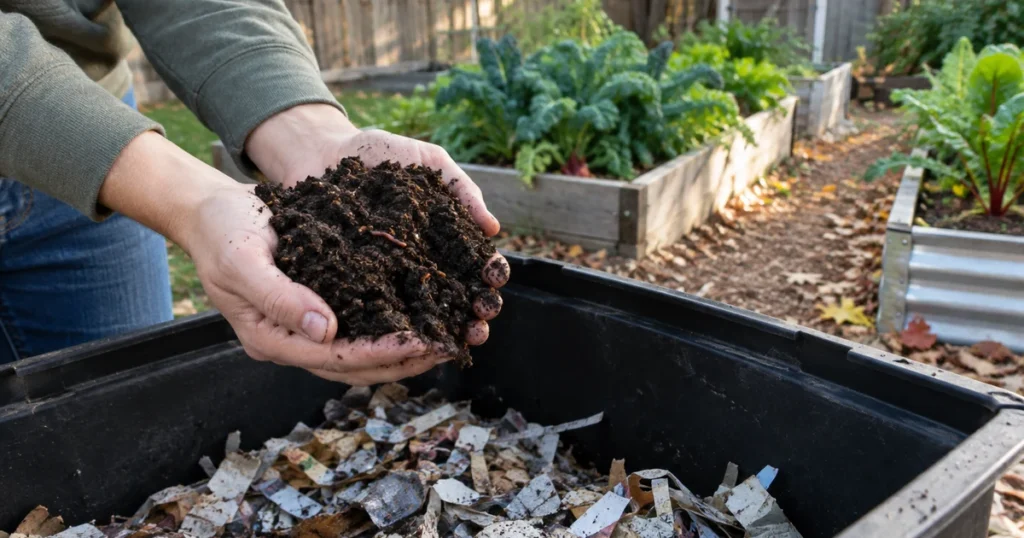 Hands holding dark worm castings harvested from a backyard worm bin