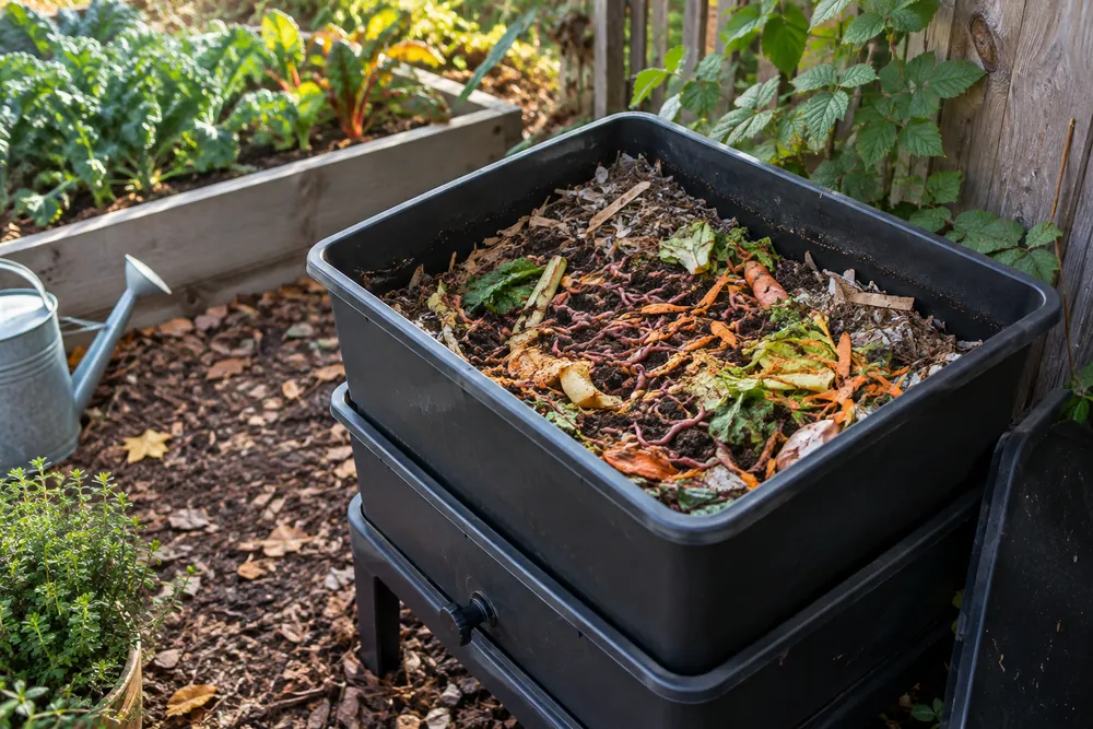 Worm bin with red wigglers and bedding used for vermicomposting