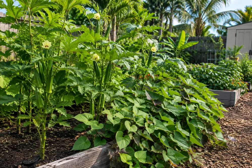 Okra and sweet potatoes growing in summer heat in a zone 10 garden