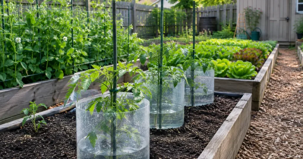 Tomato transplants in water-filled protectors following a zone 4 planting schedule in late spring
