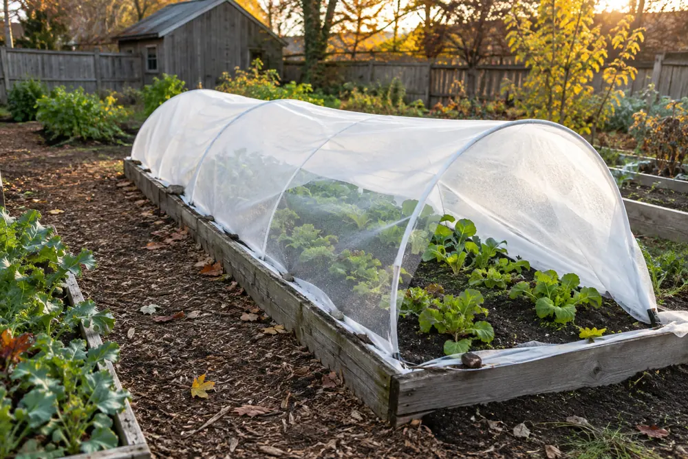 Row cover tunnel extending the zone 4 growing season for fall greens