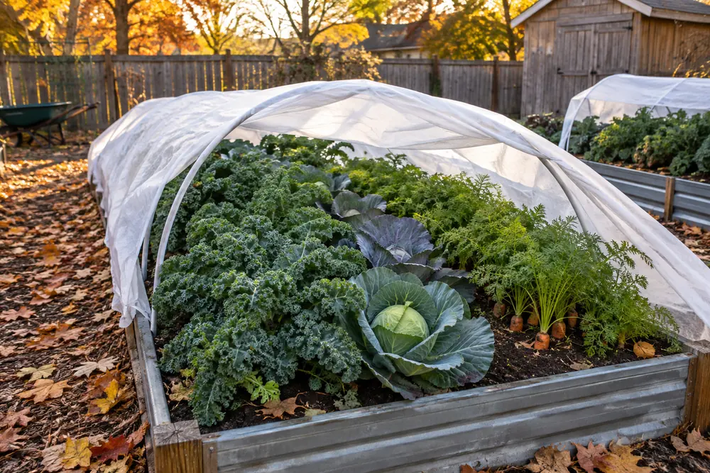 Kale, cabbage and carrots in a zone 5 fall garden with a row cover