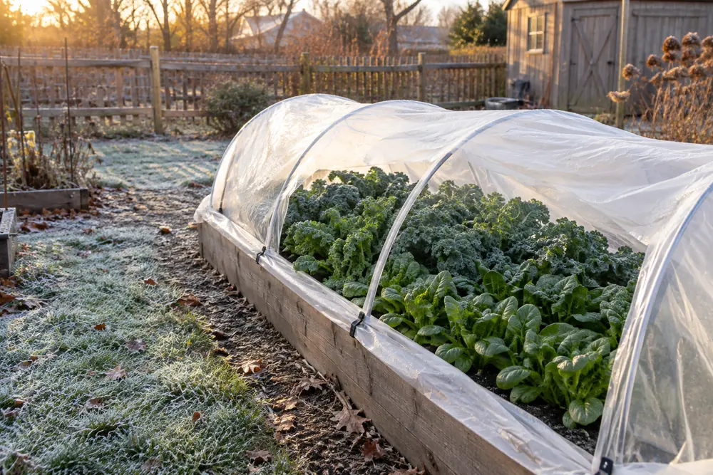 Low tunnel protecting spinach and kale for winter harvests in zone 6