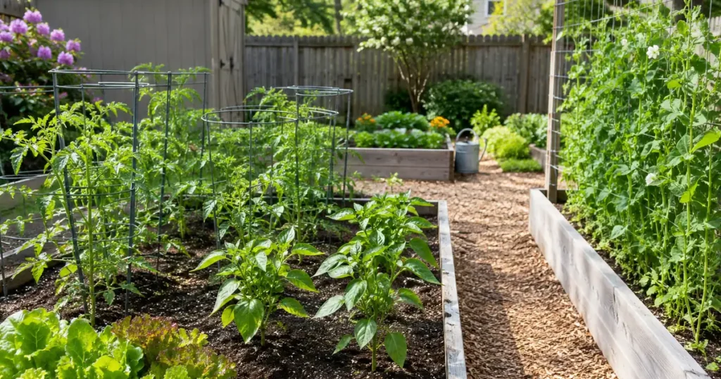 Raised beds with tomatoes, lettuce and peas following a zone 7 planting schedule
