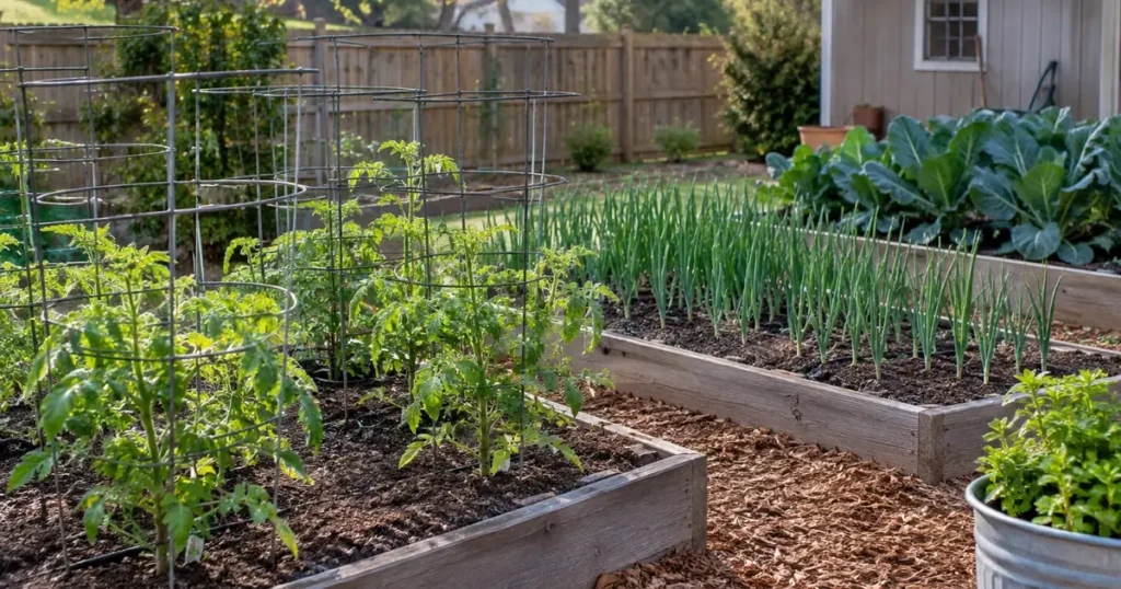 Spring raised beds with tomatoes, onions and collards in a zone 8 vegetable garden