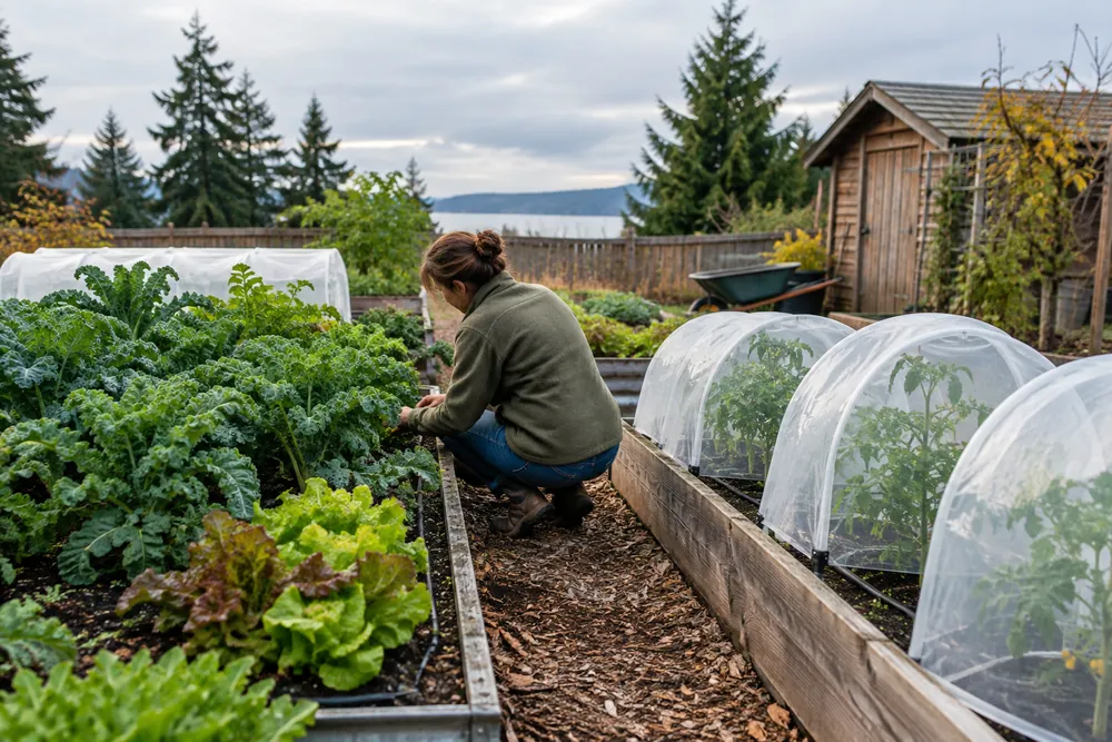 Pacific Northwest raised beds with kale and tomatoes under cloches in zone 8